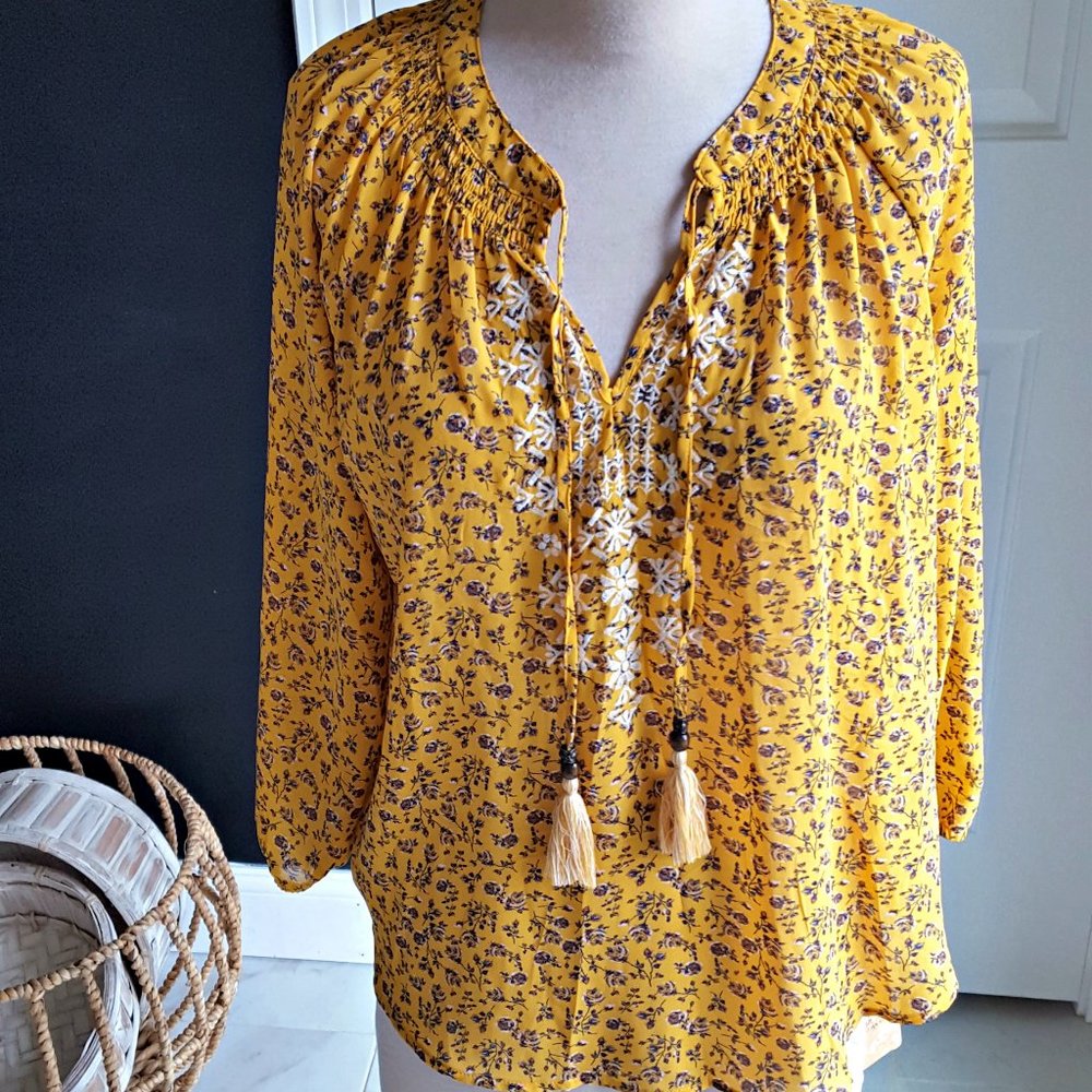 NWT! BOHO Fem SMOCKED Tassel TIE BLOUSE SZ XL